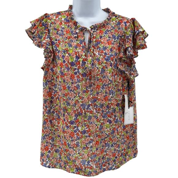 1.State Ruffled Top Sz M Carmine Rose Multicolor Floral Flutter Sleeve Tie Neck - Picture 1 of 10